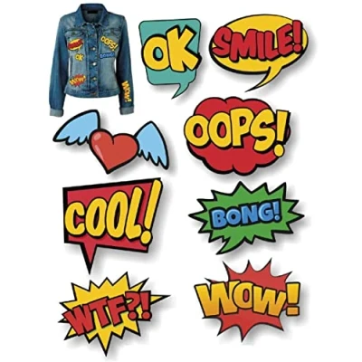 Imagen de 8 parches rodillera infantil serigrafiados para planchar en la ropa. Aplicaciones termoadhesivas reparar y decorar pantalones, chaquetas, jerseys, mochilas (Comic)