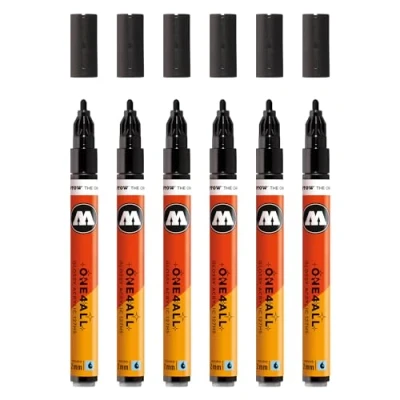Imagen de Molotow One4All 127HS Rotulador acrílico brillante (grosor de trazo 2,0 mm, alto brillo, opaco y permanente, secado rápido, recargable, para casi todas las superficies), 6 unidades, color negro