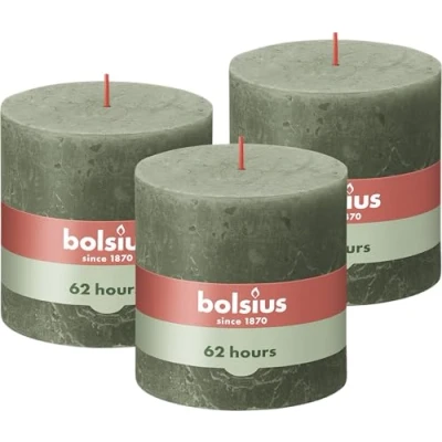 Imagen de Bolsius Rustik Vela XXL Olive Green 3 unidades 10 x cm Velas decorativas para el hogar Duración de combustión 62 horas Sin perfumar Cera vegetal natural aceite palma