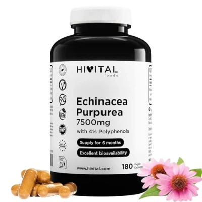 Imagen de Equinácea 7500 mg. 180 cápsulas veganas. Extracto de Echinacea Purpurea con 4% polifenoles para mejorar las defensas y el sistema inmunitario, ayudar a vías respiratorias altas