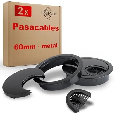 Imagen de LouMaxx Pasacables de 60 mm diámetro Juego 2 metal negro escritorio con junta antipolvo para más orden