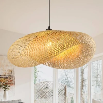 Imagen de Schindora Retro Lampara Techo Colgante RatáN, 80 Cm Boho De Sombrero Tejido A Mano Creatividad Para Restaurante SalóN Té Dormitorio Sala Estar Café,E27