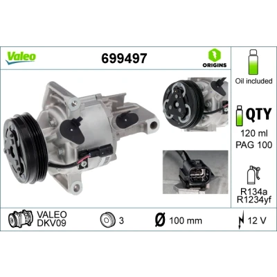 Imagen de VALEO 699497 compresor de Aire Acondicionado DKV09Z 12 PAG 100 R 134 a, 1234yf con aceite DACIA: SANDERO 2