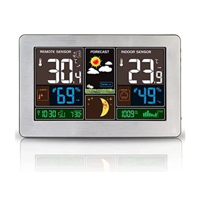 Imagen de Termómetro Higrometro LCD Pantalla Medidor Temperatura, Estación Meteorológica Interior y Exterior con Sensor Inalámbrico al Aire Libre, Barómetro Alarma Fase lunar