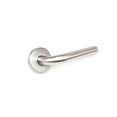 Imagen de Emuca Manetas para puertas de interior, juego manillas puerta paso con roseta D.53 mm, modelo en L, Acero inoxidable, Níquel satinado.