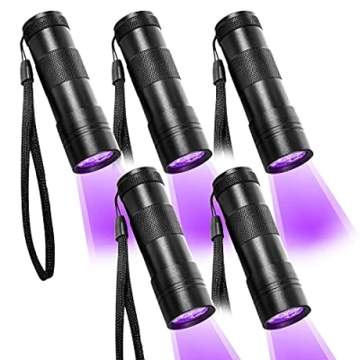 Imagen de Beinhome Linterna UV de luz Negra [5 Unidades], lámpara UV, Detector orina para Mascotas, Manchas Seca Perro y Gato, Billetes Falsos (Incluye Pilas)