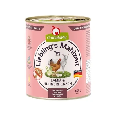 Imagen de GranataPet Comida Favorita de Cordero y Corazones Pollo, húmeda para Perros, Perros sin Cereales azúcares añadidos, pienso Completo, 6 x 800 g