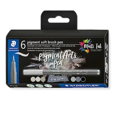 Imagen de STAEDTLER Soft Brush Pen Pigment Arts, &quot;Grey Colours&quot;, tinta pigmentada, punta de pincel sueve para ancho línea variable, resistente al agua, 6 rotuladores en estuche cartón, 372 C6