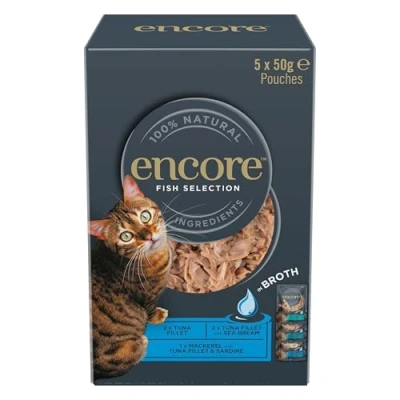 Imagen de Encore Comida Húmeda para Gatos 100% Natural, Selección de Pescado en Caldo, 20 Bolsitas 50 g