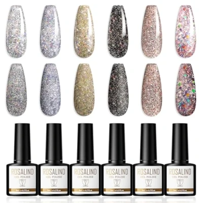 Imagen de ROSALIND Esmaltes Semipermanentes Para Uñas 6 Colores Pintauñas Glitter Plateado Azul Dorado Rosa Negro Gel Nail Polish Soak Off UV/LED, Art DIY de Otoño e Invierno, 8ml