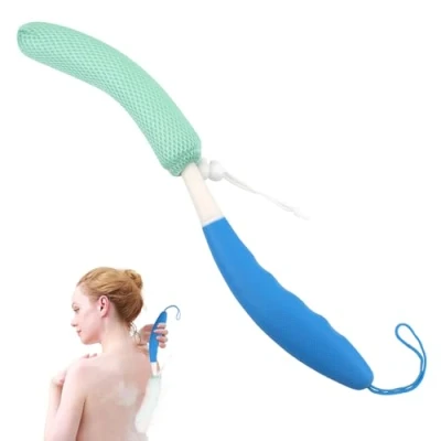 Imagen de cepillo corporal de ducha exfoliante piel curvada para la espalda, masaje extra grande, mango curvado europeo y americano, con forma mano, extraíble, largo (azul verde)