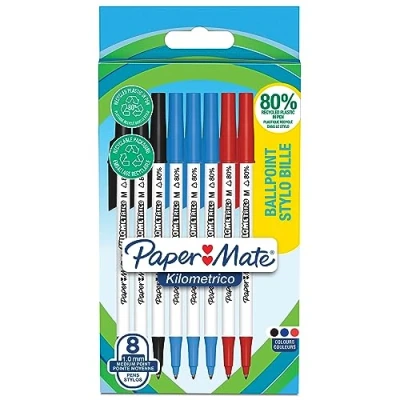 Imagen de Bolígrafos Paper Mate Kilométrico Escritura Larga con punta mediana (1,0mm) Tinta negra, azul y roja 80% plástico reciclado 8 unidades