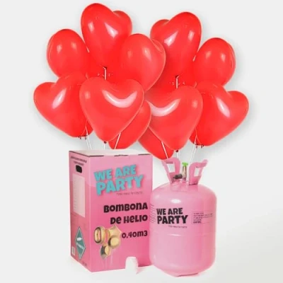Imagen de Pack Romántico: bombona de helio maxi + 50 globos látex Corazón Rojos 28cm Made in Spain