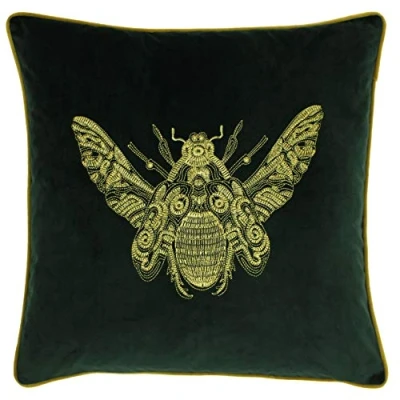 Imagen de Paoletti Riva Cerana Cojín Verde Esmeralda Super Soft Velvet Tela Bordada Diseño Bee Oro Hilo Bordes 100% Polyester 50 X 50Cm (20&quot; 20&quot; Pulgadas), Poliéster, 50x50cm