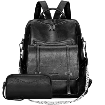 Imagen de Leathario Mochila Mujer de Cuero PU con Multibolsillos, Casual y Funcional para Uso Diario, Viajes, Escuela Universidad Negro Brillante Intenso