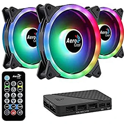 Imagen de Aerocool Duo 12 Pro Pack 3 x ARGB Fans 120mm, 1 H66F RGB Fan Hub, Remote control, Double LED Ring and 18 LEDs, Includes 6 pin connector, Curved Blades Anti Vibration Pads, 12v Fan, Black