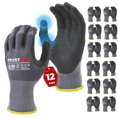 Imagen de Mustbau 12 Pares de Guantes Trabajo con Pantalla Táctil y Puntos Negros, Nitrilo Resistentes a la Abrasión Ventilados, Ideales para Trabajo, Jardinería, Mecánica, Construcción (Gris,M)