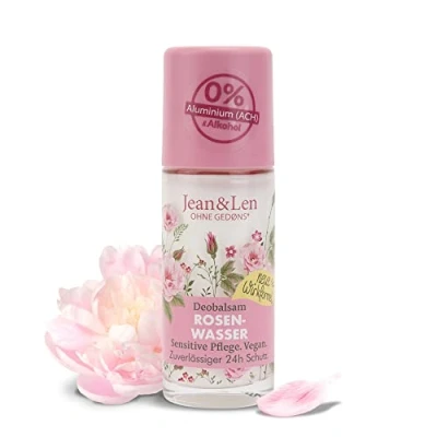 Imagen de Jean&amp;Len Bálsamo desodorante de agua rosas, ofrece hasta 24 h protección natural, cuidado sensible, óptimo para después del afeitado, sin sal aluminio ni alcohol, vegano, 50 ml
