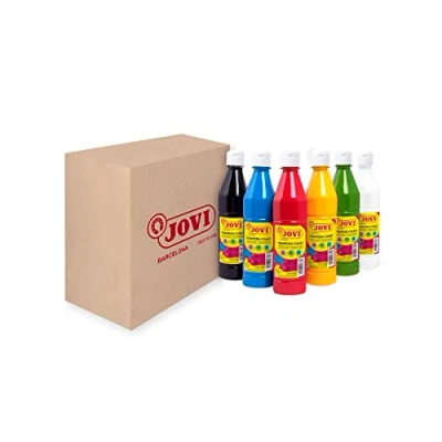 Imagen de Jovi Témpera líquida, Estuche 6 botes de 500ml, Colores Primarios, Pintura a base ingredientes naturales, Fácil lavar, Sin gluten, Ideal para uso escolar (506/6A)