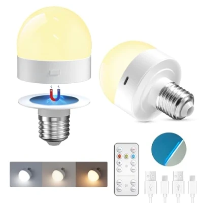 Imagen de TobeBright Bombilla Recargable USB C con Casquillo E27, 3 Temperaturas de Color Ajustables, Batería Imán para Emergencias, Camping y Noche (2 Unidades)