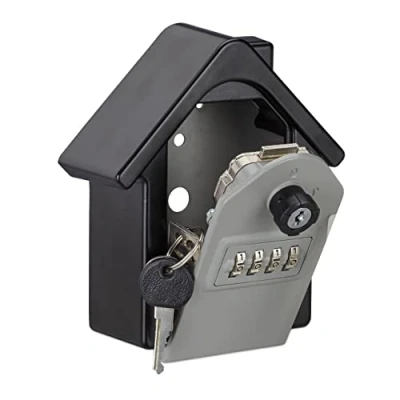 Imagen de Relaxdays Guarda Llaves Casa, Código 4 Dígitos, Caja Seguridad Pared, Aluminio Acero, 1 Ud, 15x13,5x7 cm, Negro/Gris