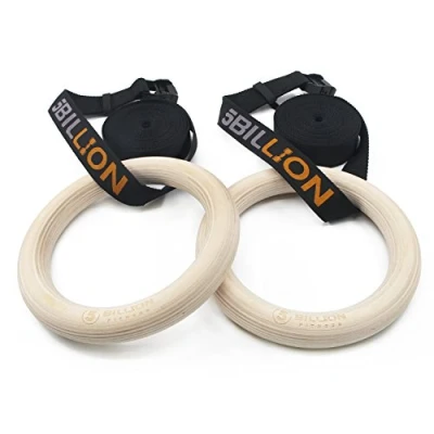 Imagen de 5BILLION Anillos de Gimnasia Madera Gimnasio Olímpico con Hebillas Ajustables Correas Entrenamiento para en Casa, Levantamientos Musculares y Fuerza (32mm Dia)