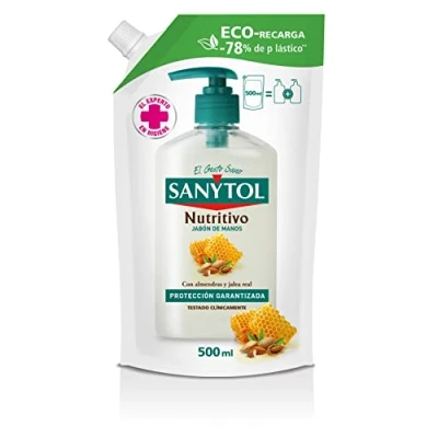 Imagen de Sanytol Eco Recarga Jabón de Manos Nutritivo, Con Ingredientes Naturales, Hidrata y Repara, Protección Total Contra Agentes Externos, Envase Alta Resistencia, Clínicamente Testado 500 ml