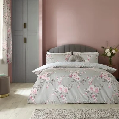 Imagen de Catherine Lansfield Canterbury Juego de Funda edredón Reversible con Almohada, diseño Floral, Color Gris