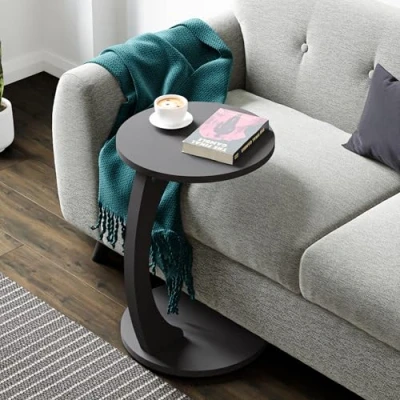 Imagen de [en.casa] Mesa Auxiliar Holeby en Forma de C Centro Redonda Mesita Salón con 4 Ruedas Uso Versátil 56 x Ø 38 cm Gris