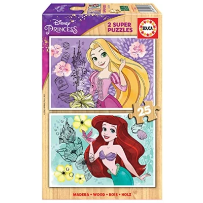 Imagen de Educa 2x25 Disney Princess, 2 Puzzles de Madera ecológica Resistente con 25 Piezas Cada uno, diversión por Partida Doble, Medidas: 26 x 18 cm, A Partir 3 años (19288)