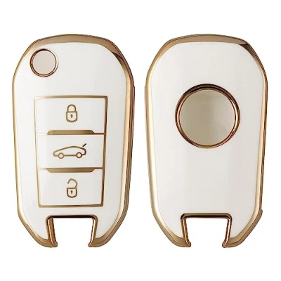 Imagen de kwmobile Carcasa para Mando Compatible con Peugeot Citroen Llave de Coche Plegable 3 Botones Funda Llaves TPU Blanco/Dorado