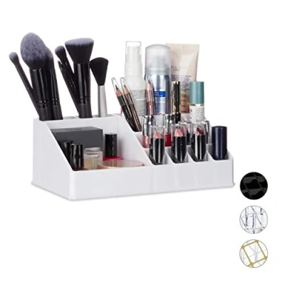 Imagen de Relaxdays Organizador de Maquillaje con 16 Compartimentos, Acrílico, Blanco, 8 x 22 12,5 cm, Fibra