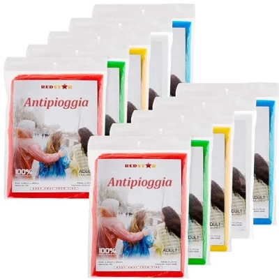 Imagen de Pack de 10 Chubasqueros Hombre / Mujer Impermeables Desechables, Talla Única, Adulto Poncho Impermeable Plástico con Capucha Chubasquero y para Festivales, Parques Temáticos