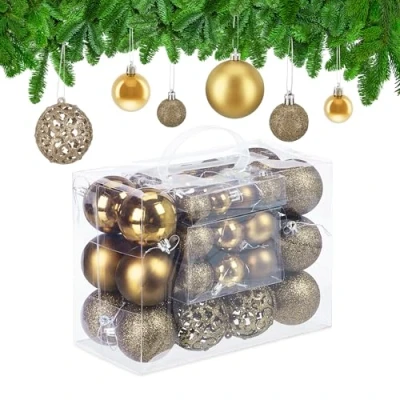 Imagen de Relaxdays Set 50 Bolas Navidad, Decoración Navideña Mate, Brillante, Reluciente, Adorno Árbol, 3 Tamaños, Dorado