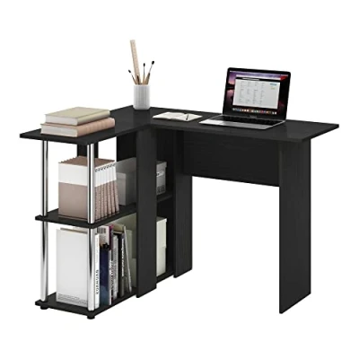 Imagen de Furinno Abbott Escritorio en Forma de L con estantería, Madera, Americano/Acero Inoxidable, 87.63 (D) x 104.39 (W) 73.41 (H) cm