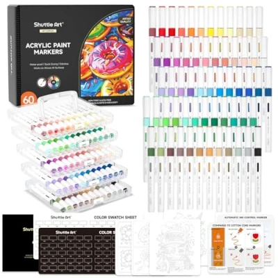 Imagen de Shuttle Art Rotuladores Acrilicos con Tinta de Control Automático, 60 Colores Punta Pincel, Acrylic Markers para Niño Adulto, Pintar Piedras Plástico Vidrio DIY