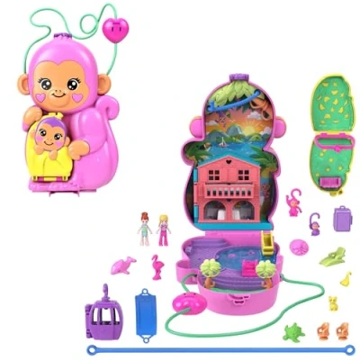 Imagen de Polly Pocket Adventures in Rio Mamá mono y su bebé, Cofre bolso 2 en 1, sets de juego que incluyen mini muñecas, animales teleférico, juguete regalo para niños niñas +4 años, HWP04
