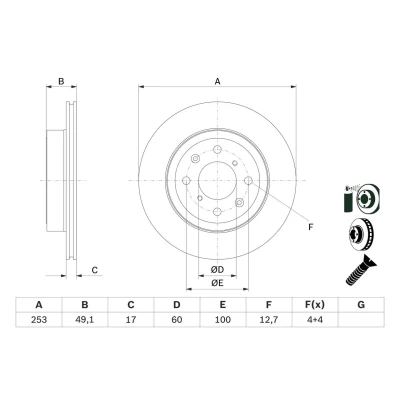 Imagen de BOSCH 0 986 479 E75 Disco de freno 253 17 4 100 ventilado revestido con tornillos SUZUKI: Wagon R+ II Hatchback, IGNIS 2, OPEL: Agila A