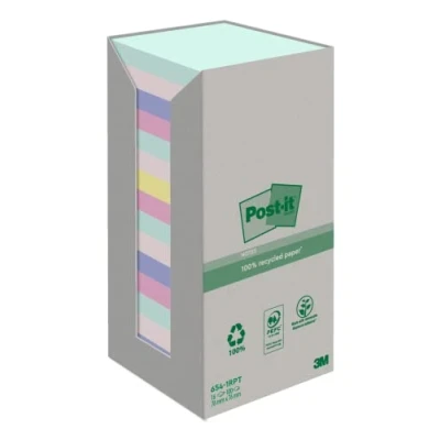 Imagen de Post it Notas Recicladas, Paquete de 16 Blocs Notas, 100 Hojas por Bloc, 76 mm x mm, Colores Verde, Rosa, Amarillo, Azul Adhesivas Hechas Papel 100% Reciclado