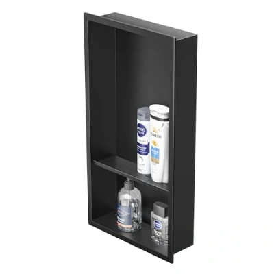 Imagen de Bernkot nicho de ducha acero inoxidable 60 x 30 10 cm, no requiere azulejos, pared, estantería doble empotrada, empotrada para almacenamiento baño (negro,