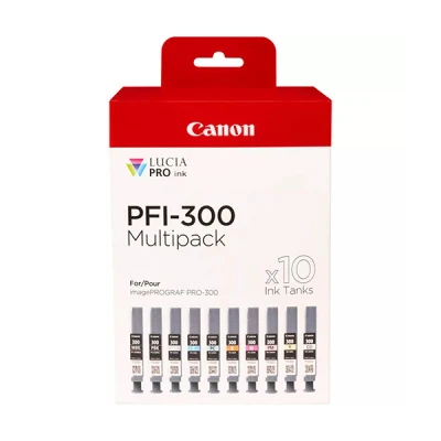 Imagen de Canon PFI 300 Lote de 10 Cartuchos Tinta para imagePROGRAF PRO (10 en Embalaje sin plástico), Multicolor