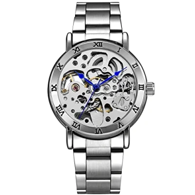 Imagen de Alienwork Reloj Automático Hombre Mujer Plateado Pulsera de Metal Acero Esqueleto Fondo Vidrio