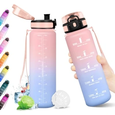 Imagen de KollyKolla Botella Agua Deportiva 1L, Garrafa sin BPA, con Marca de Tiempo Filtro, Motivacional, Reutilizable, Cantimplora para Escuela, Oficina, Sport, Yoga, Gimnasio