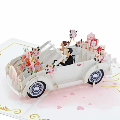 Imagen de Favour Pop Up® Tarjeta de boda 3D coche hecha a mano para Regalo dinero luna miel felicitación
