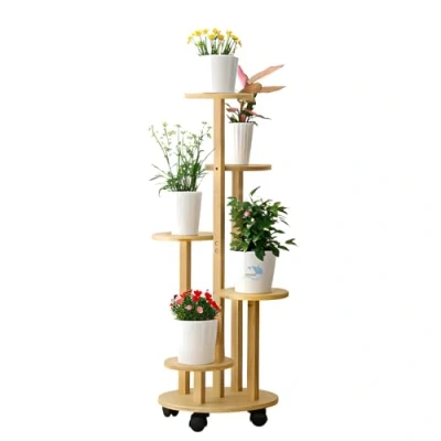 Imagen de HMAKGG Soporte Plantas Interior con Ruedas, Estanteria Para 5 Niveles, Estante de Esquina Múltiples Macetas, Bambú Estantería Exhibición Jardín/Balcón