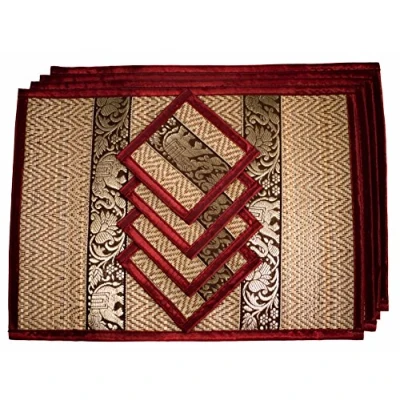 Imagen de Juego de Posavasos caña Mimbre Tejido a Mano Alternativa ecológica al plástico Estilo tailandés Resistente Calor Fácil Limpiar para Mesa Comedor (Mediano Rojo Burdeos)