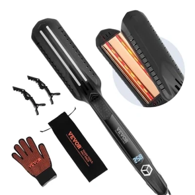Imagen de VEVOR Plancha de Pelo Plana Titanio 38 mm Dual por Infrarrojos con Pantalla LCD 19 Niveles Temperatura Calentamiento Rápido para Peluquería, Hogar, Viajes