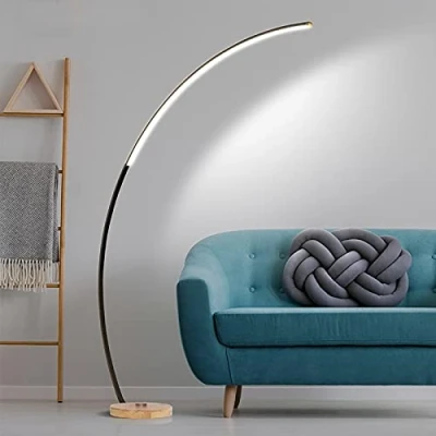 Imagen de QJUZO Lámpara de Pie Arco LED Regulable, Salon Aluminio con Control Remoto Luz Moderna Bases Madera para Dormitorio,Estudio y Leer,Luz Cuidado Ojos,Bajo Consumo,18W,Negro