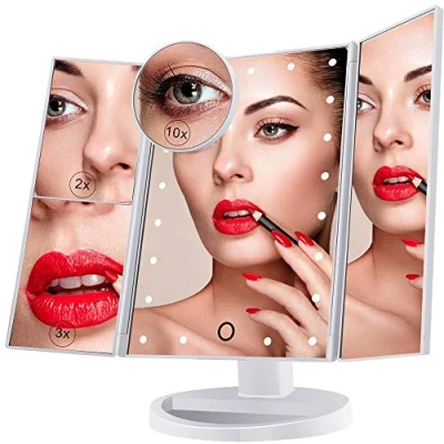 Imagen de Espejo de Maquillaje Iluminado, 21 Luces LED Cosmético Tocador, Pantalla Táctil Aumento Tri Fold 2X 3X 10X Aumento, Rotación Libre 180 , Fuente Alimentación Dual Blanco