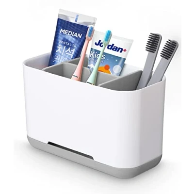 Imagen de FAOKZE portacepillos de Dientes, Soporte Pasta Cepillo Dientes Eléctrico, con 2 separadores Ajustables y Base Antideslizante (Blanco)